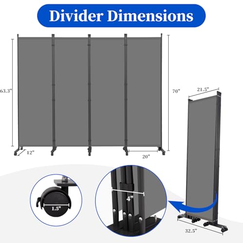 Room Divider 6FT 4 Panel Folding Privacy Screen with Lockable Wheels (4 Count)