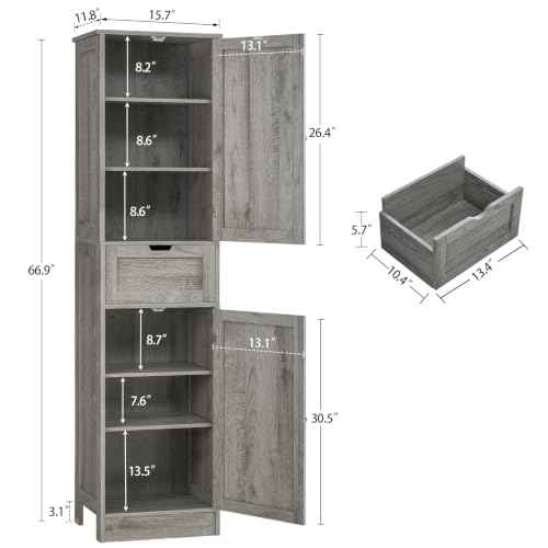 66.9" Tall Bathroom Storage Cabinet with 2 Doors & 1 Drawer