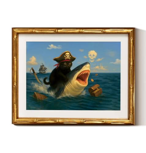 Gold Bamboo Framed Halloween Cat Skeleton Wall Art 11x14 Inch