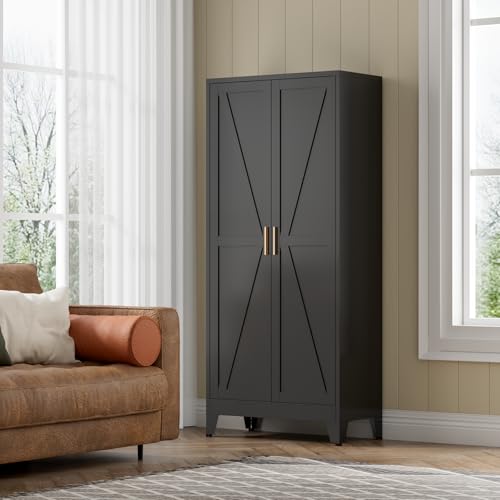 Black Farmhouse Storage Kitchen Pantry Cabinet with 2 Barn Door