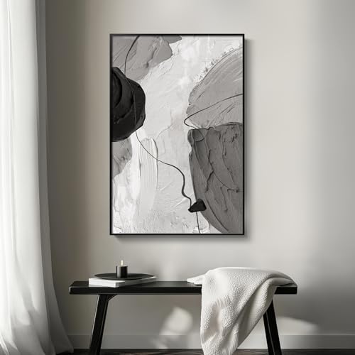 Large Framed Black and White Gray Modern Abstract Wall Art