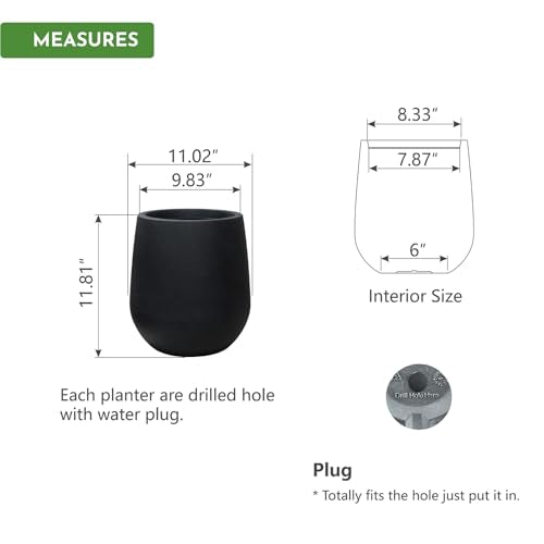 11.8" H Plastic Matte textured Black Planters with Drainage Holes and Plug