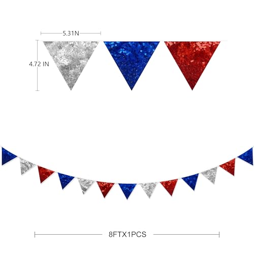pinkblume Red Blue Silver Decorations Double Sided Sequin Fabric Triangle Pennant Banner Flag Bunting Garland for Nursery Classroom Home Bedroom Wall 4th of July American Veterans USA Holiday Decor (96 Foot)
