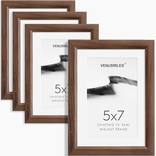 5x7 Picture Frame Set of 4 Natural Solid Walnut Photo Frames with 4x6 Removable Mat Wall Hanging Large Handcrafted Frame with HD Plexiglass Wall and Tabletop Display Large Poster Frame (4 Count)