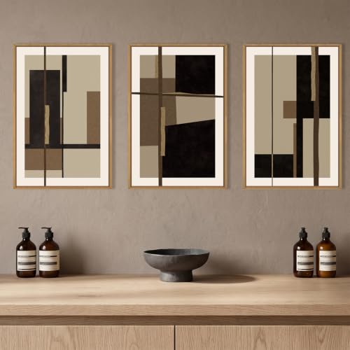 Abstract Black Brown Shapes Framed Canvas Wall Art Set