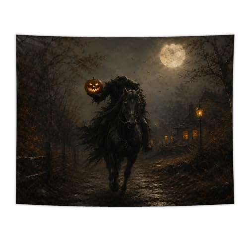 Whimsical Goth Halloween Headless Horseman Wall Tapestry 50x60 In