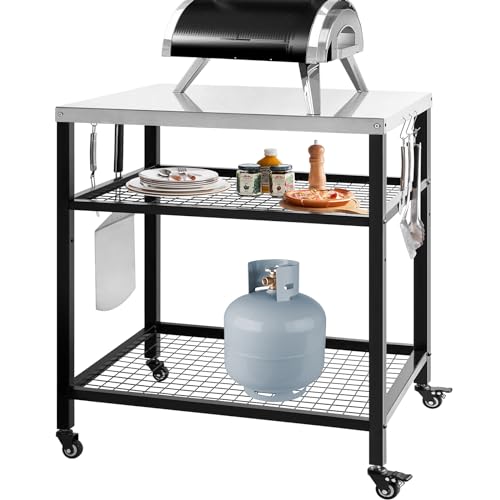 Stainless Steel Outdoor Grill Cart Pizza Oven Stand Trolley Table with Wheels Three