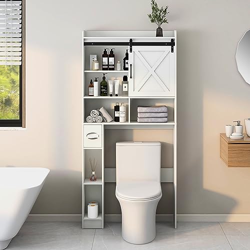 Over The Toilet Storage Cabinet with Sliding Barn Door. White