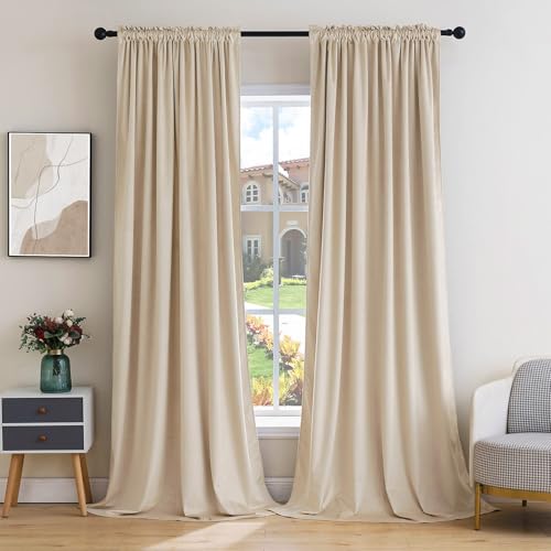 Beige Blackout Velvet Curtains Drapes 96 Inch Long 52"x96" Bedroom (2 Count)