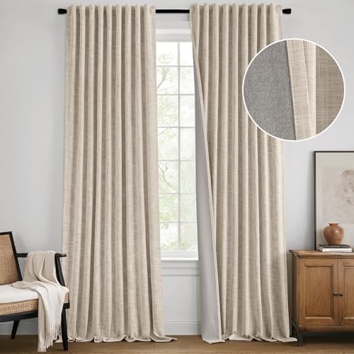Beige 100% Blackout Linen Curtains 105 Inch 2 Panels Set Double Sided No Coating Pleated Back Tab Black Out Long Thermal Insulated Pinch Pleat Bedroom Living Room Darkening Window Drapes (2 Count)