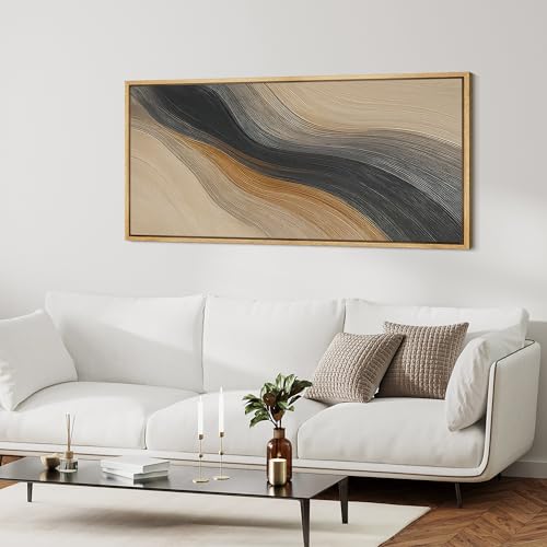 Extra Larg Framed Canvas Print Wall Art Abstract Wave Pattern Neutral Black and Brown Modern Geometric Illustrations Decorative Colorful for Bedroom