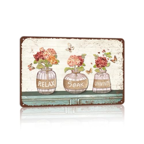 Farmhouse Bathroom Metal Tin Signs Rustic Flower Country Wall Art Decor