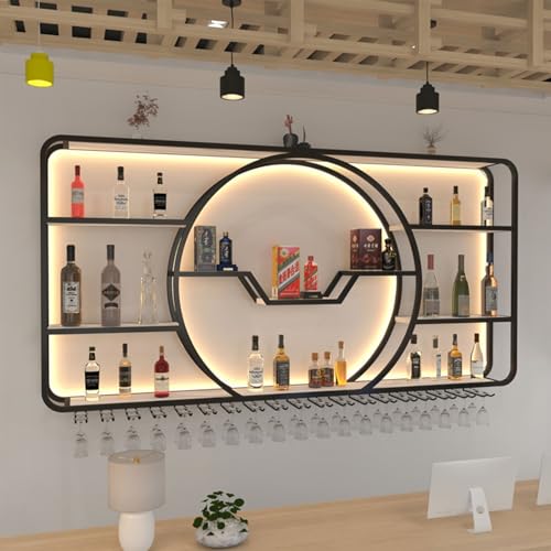 3 Tiers Metal Wine Rack Wall Mounted Modern With LED Light With Wine Glass Holder Large Liquor Bar Display Shelf
