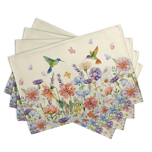 Flowers Bird Spring Summer Placemats Set of 4 Watercolor Floral Hummingbird Butterfly Place Mats 12x18 Inch Wildflowers Grass Seasonal Farmhouse Linen Table Mat for Kitchen Dining Decor (4 Count)