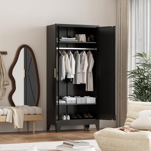 71'' Farmhouse Metal Wardrobe Cabinet with Hanging Rod