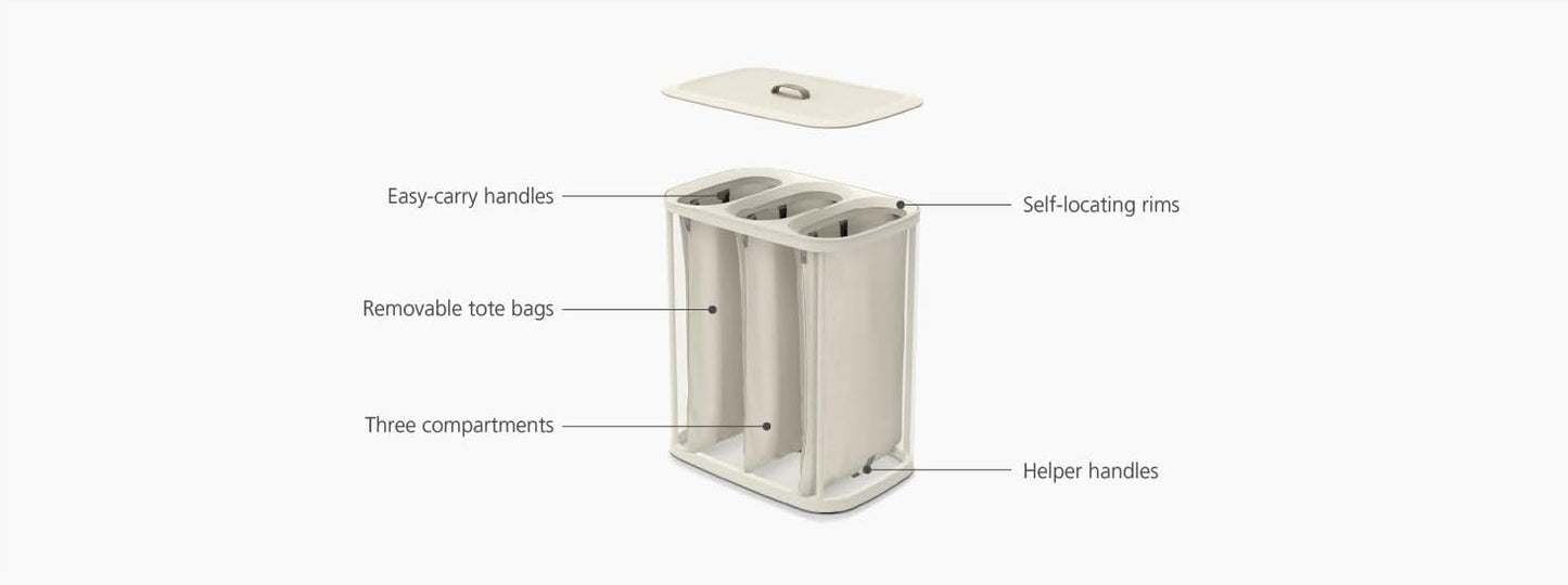 Joseph Joseph Tota Trio 90 liter/23.8 gallon Laundry Hamper Separation Basket with lid, 3 Removable Washing Bags with Handles- Ecru - NestledHome