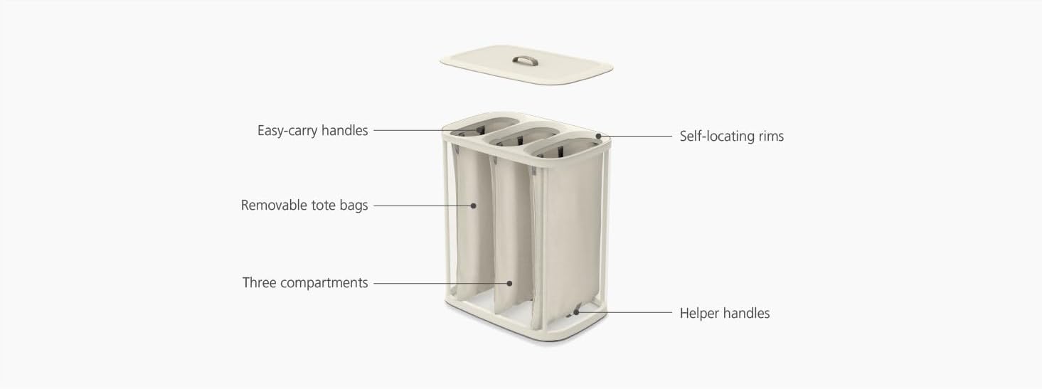 Joseph Joseph Tota Trio 90 liter/23.8 gallon Laundry Hamper Separation Basket with lid, 3 Removable Washing Bags with Handles- Ecru - NestledHome