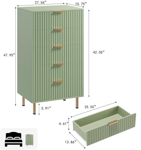 48" Fluted Green 5 Drawer Dresser for Bedroom with Deep Drawers