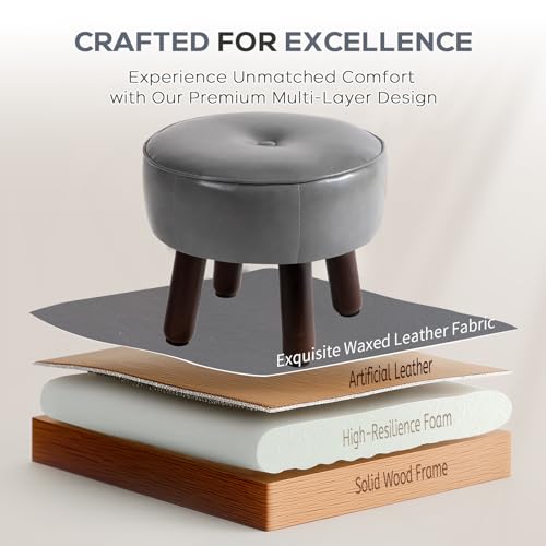 Round Leather Pouf Ottoman Footstool