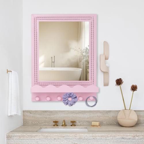 16x12 Inch Wall Mount Beaded Wood Framed Mirror with Shelf and 6 Hooks