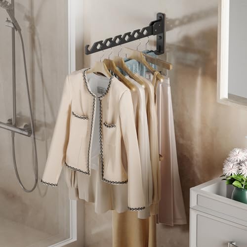 Wall Mount Coat Hanger Holder Black Clothes Drying Organizer Rack Garment Hooks Aluminium Retractable Folding Indoor Wall Mounted Hanger Space Saver for Laundry Room Bedroom Black 2Pack (2 Count)