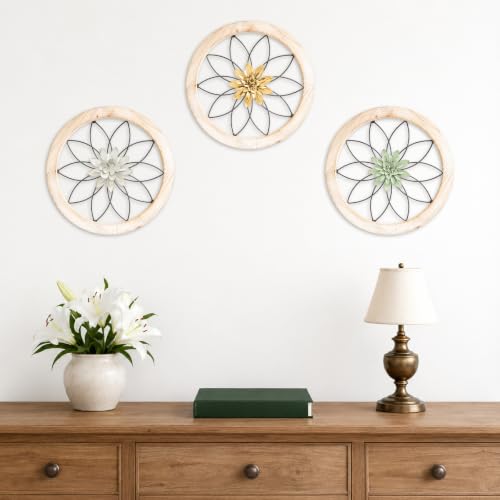 3 Piece Round Farmhouse Wall Decor with 6 Piece Interchangeable Flowers 12'' Medallion Wood & Metal Rustic Wall Art for Living Room Bedroom Kitchen Bathroom Dining Room Home Decorations