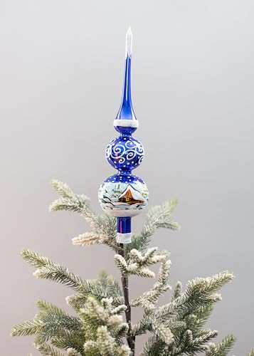 12 Inch Blue Gloss Spitz Glass Christmas Tree Topper Mouth Blown by Polish Artisans and Hand Decorated with Gold and Silver Embellishments Made in Poland