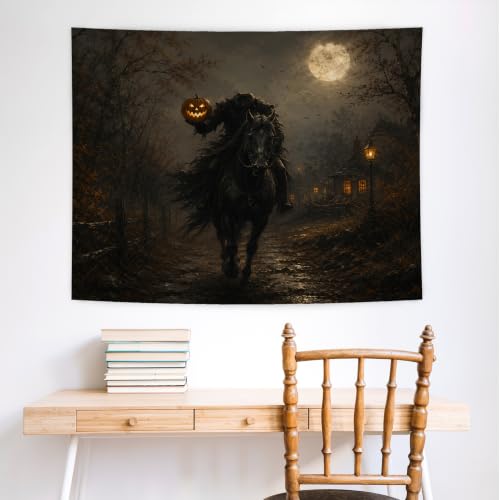 Whimsical Goth Halloween Headless Horseman Wall Tapestry 50x60 In