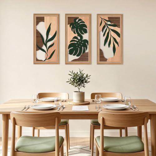 Boho Wood Tropical Framed Wall Art 12X24 Inch Large Mid Century Palm Leaves Wooden Wall Decor Minimalist Botanical Artwork for Living room Bedroom Set of 3