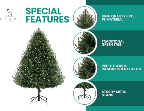 9ft Traditional Christmas Tree with Lights Realistic Classic Christmas Tree Prelit with 6230 Branch Tips 1000 Warm Lights and Metal Stand Aritificial