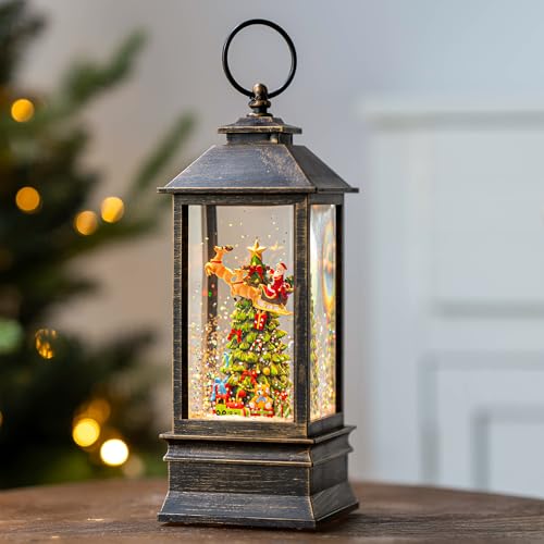 10.4" Christmas Snow Globe Flying Santa Around The Tree Water Lantern
