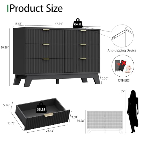 Fluted Dresser for Bedroom with 6 Drawers