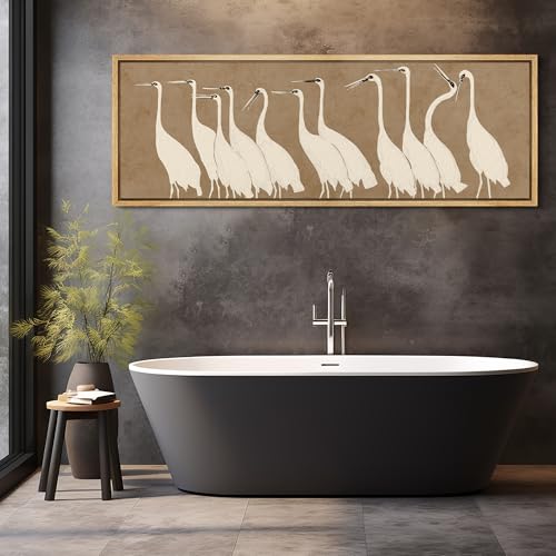 Large Framed Canvas Print Wall Art Minimalist White Cranes on Beige Background Antique Retro Fine Art Illustrations Decorative Colorful for Bedroom