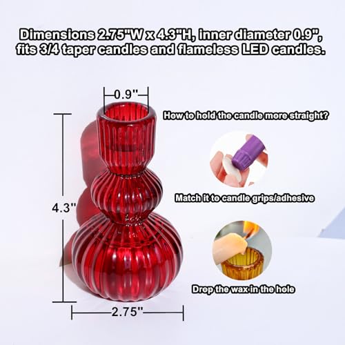 3pcs Red Taper Candle Holders Glass (3 Count)