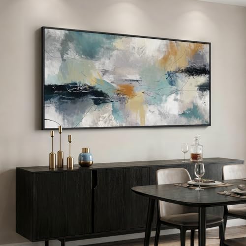 Large Framed Gray Teal Abstract Wall Art for Living Room