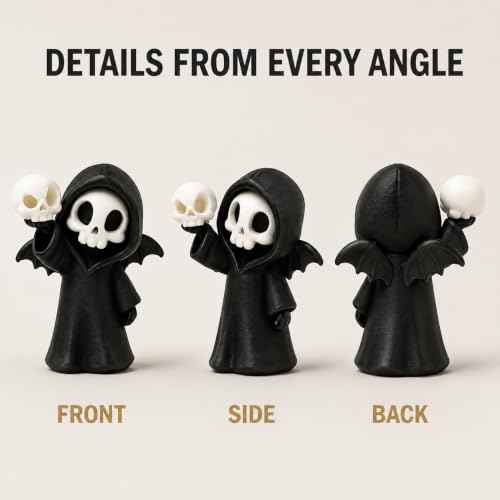 Halloween Miniature Skeleton Figurine Cute Grim Reaper Skeleton Holding Skull with Black Hooded Gothic Desktop Decoration Spooky Collectible Ornament for Home Office Party Cake Display Gift