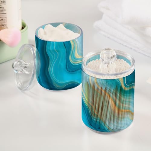 2 Pack Qtip Holder Organizer Dispenser Teal Turquoise Blue Marble Bathroom Storage Canister Cotton Ball Holder Container for Cotton Pads (2 Count)