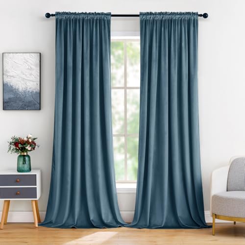 Dark Slate Blackout Velvet Curtains Drapes 84 Inch Long 52"x84" (2 Count)