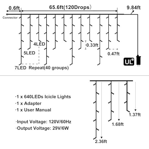 Icicle Lights for Outside Christmas Lights Outdoor 66ft 640 LEDs Warm White