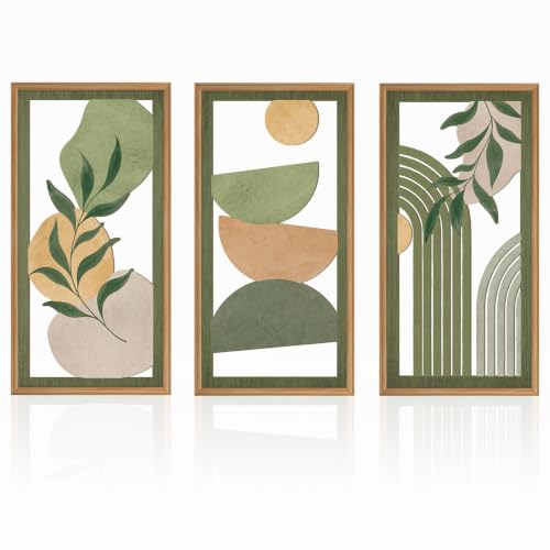 Boho Sage Green Wood Wall Art Framed 12X24 Inch Mid Century Minimalist Botanical Artwork Abstract Geometric Line Wall Decor for Living room Bedroom Set of 3