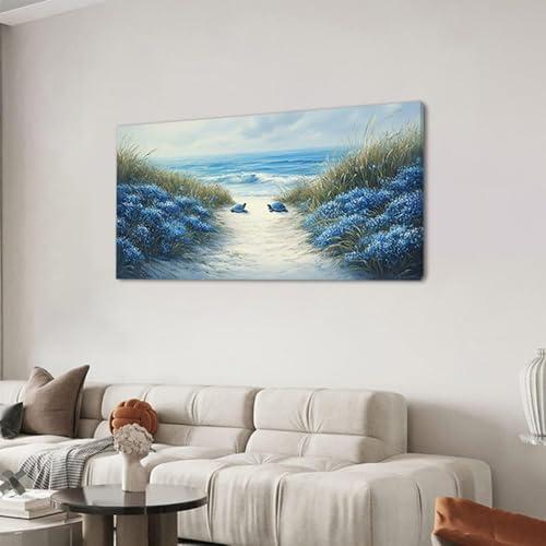 Romantic Beach Wall Art for Living Room Blue Sea Turtle Lovers Canvas Painting Prints Ocean Sandy Romance Flowers Large Bedroom Office Decor Artwork