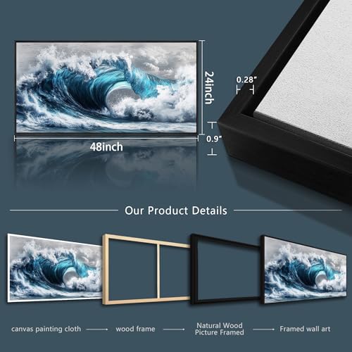 Large Canvas Wall Art For Living Room Wall Decor For Bedroom Ocean Inspiration Wall Pictures Office Mural Decorations Posters Blue Wave Paintings Modern Home Decor Black Framed 24x48 In