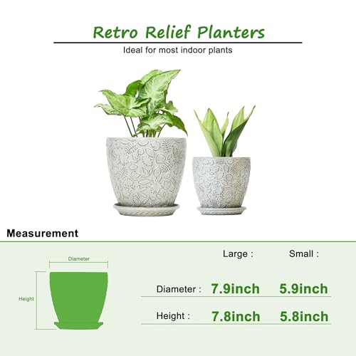 8 Inch + 6 Inch Retro Ceramic Planter Set of 2 with Drainage Hole and Saucer for Multiple Plants (2 Count)
