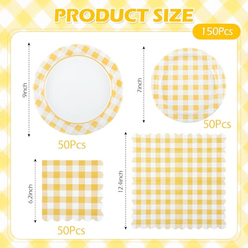 150 Pcs Yellow Gingham Paper Plates and Napkins (150 Count)
