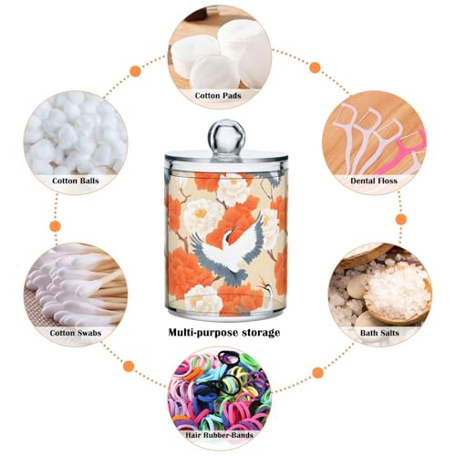 2 Pack Qtip Holder Organizer Dispenser Cranes Orange Flowers Bathroom Storage Canister Cotton Ball Holder Container for Cotton Pads (2 Count)