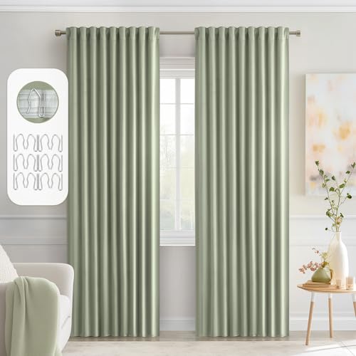 Sage Green Back Tab Blackout Curtains 52x72 Inches Long 2 Panels Set (2 Count)