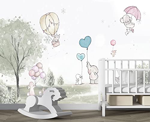 Cartoon Elephant Rabbit Balloon Nursery wall Mural Wallpaper 137" x 100" (95.12 Sq Ft)