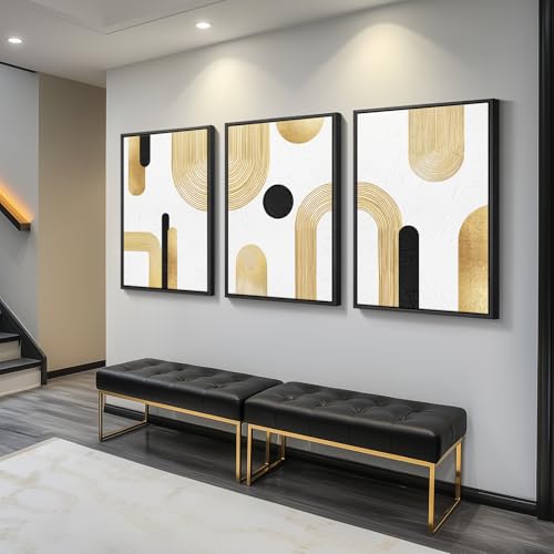 Large Framed Gold Abstract Geometric Wall Art for LIving Room (3 Count)