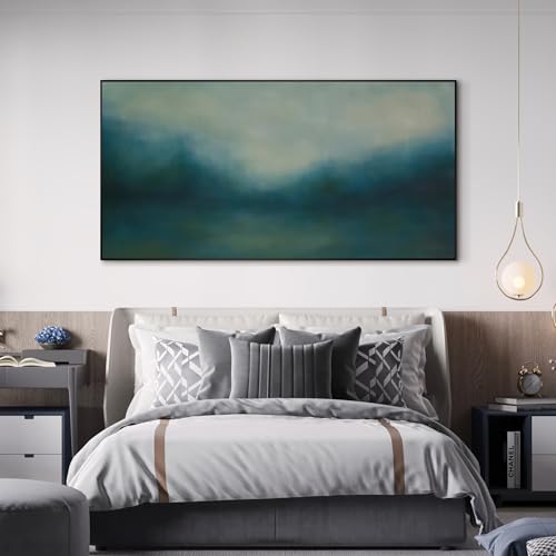 24"x46" Extra Large Framed Wall Art Misty Blue Landscape Abstract Ocean and Sky Illustration for Home Living Room Bedroom Decor