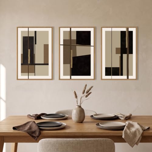 Abstract Black Brown Shapes Framed Canvas Wall Art Set